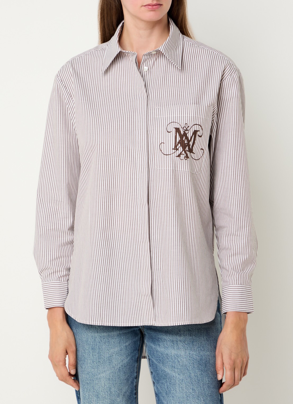 Max & Co Babila blouse met streepprint en logoprint - achterkant 4 bruin