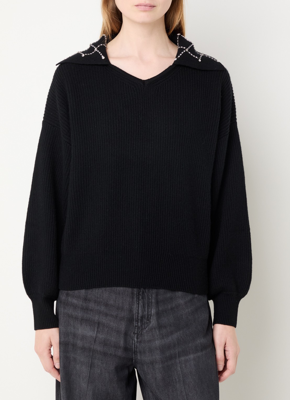Max & Co Faust grofgebreide trui in kasjmierblend met strass - detail 2 zwart