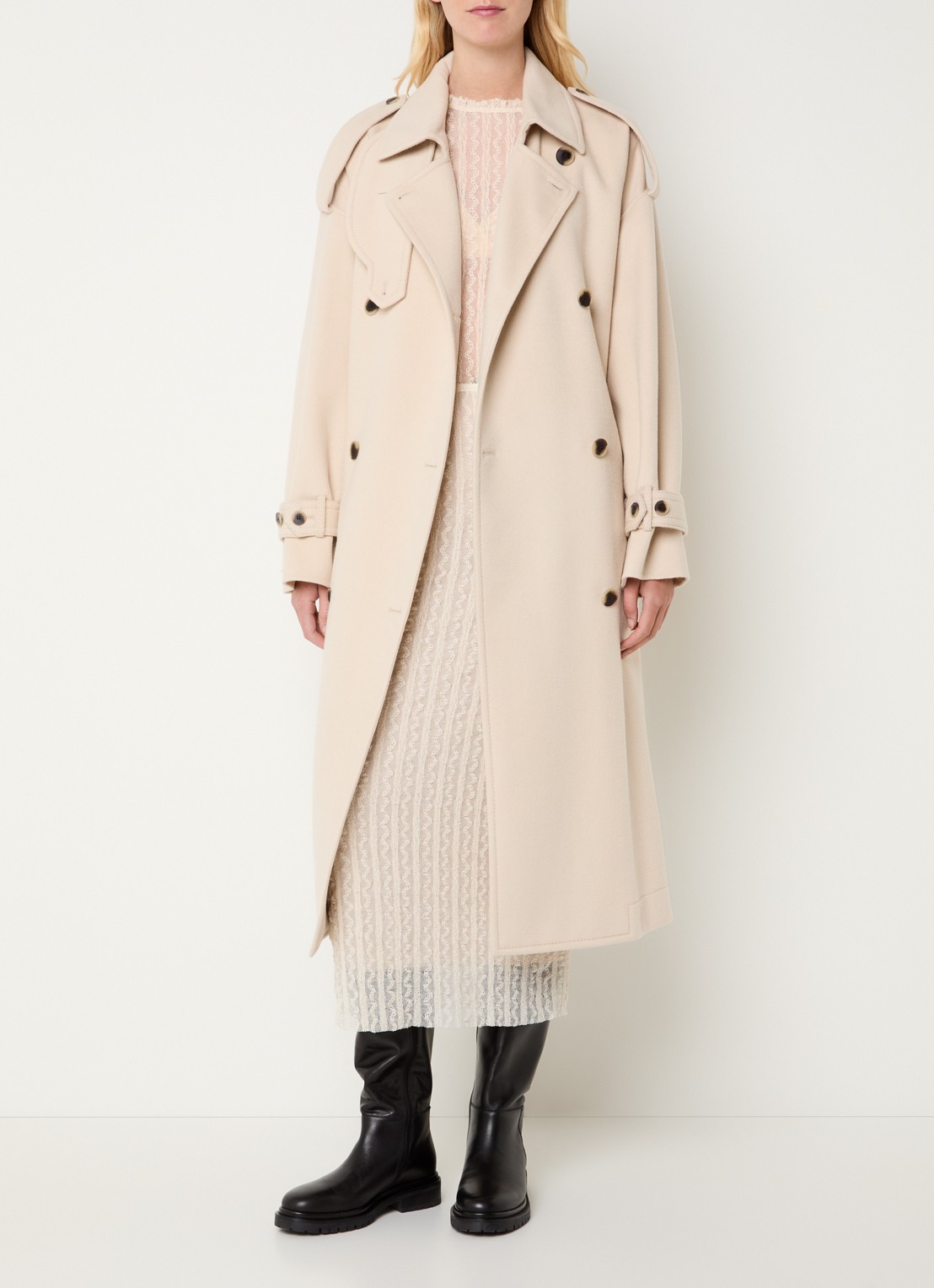 Max & Co Gitane mantel van scheerwol met strikceintuur - voorkant 4 beige