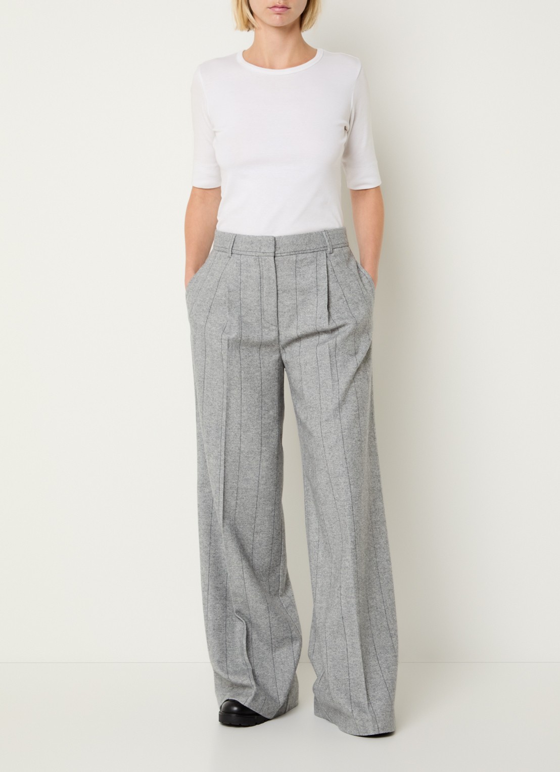 Max & Co High waist wide fit pantalon in wolblend met visgraatdessin - voorkant 2 grijsmele
