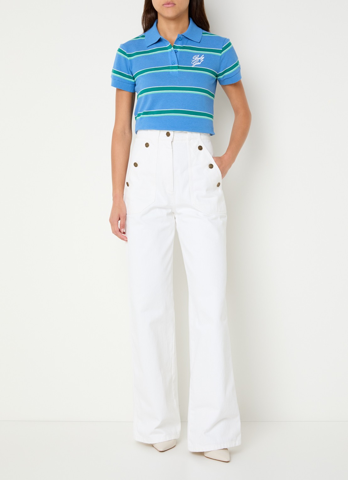 Max & Co Polo met logo en streepprint - voorkant 3 blauw