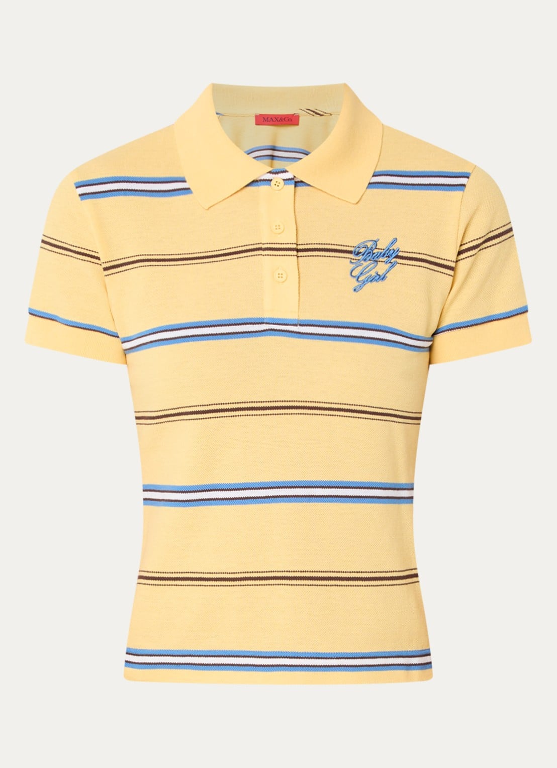 Max & Co Polo met logo en streepprint - voorkant 3 citroengeel