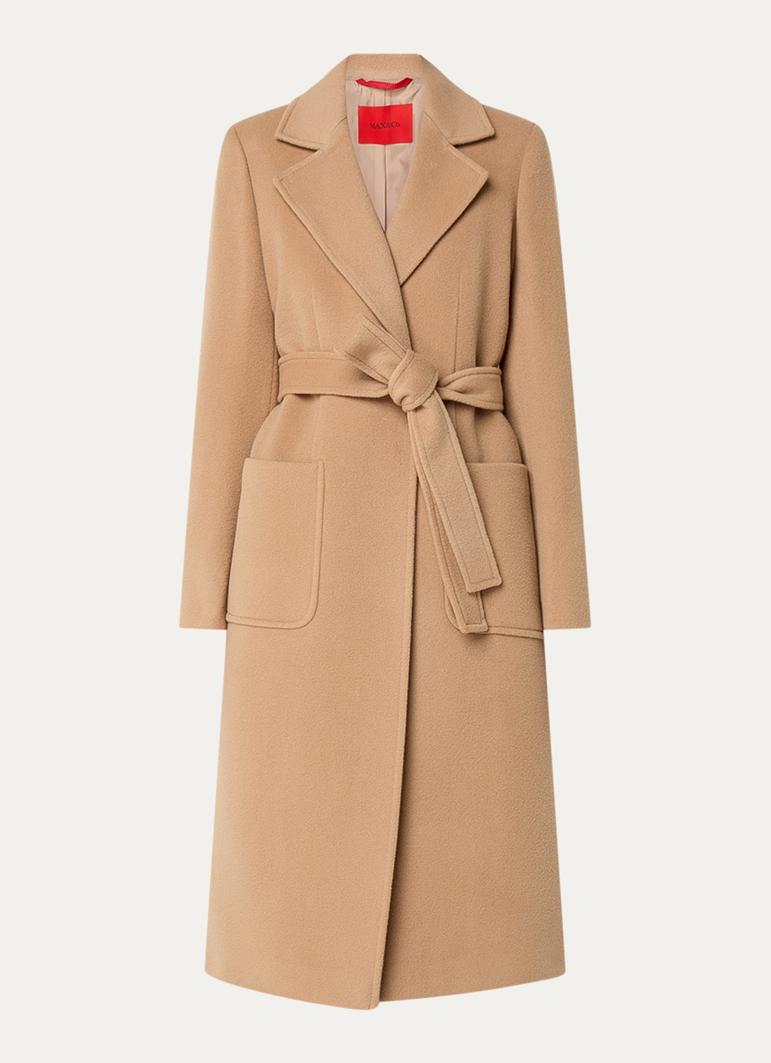 Max & Co Runaway mantel van wol met strikceintuur en opgestikte zakken - voorkant 4 camel
