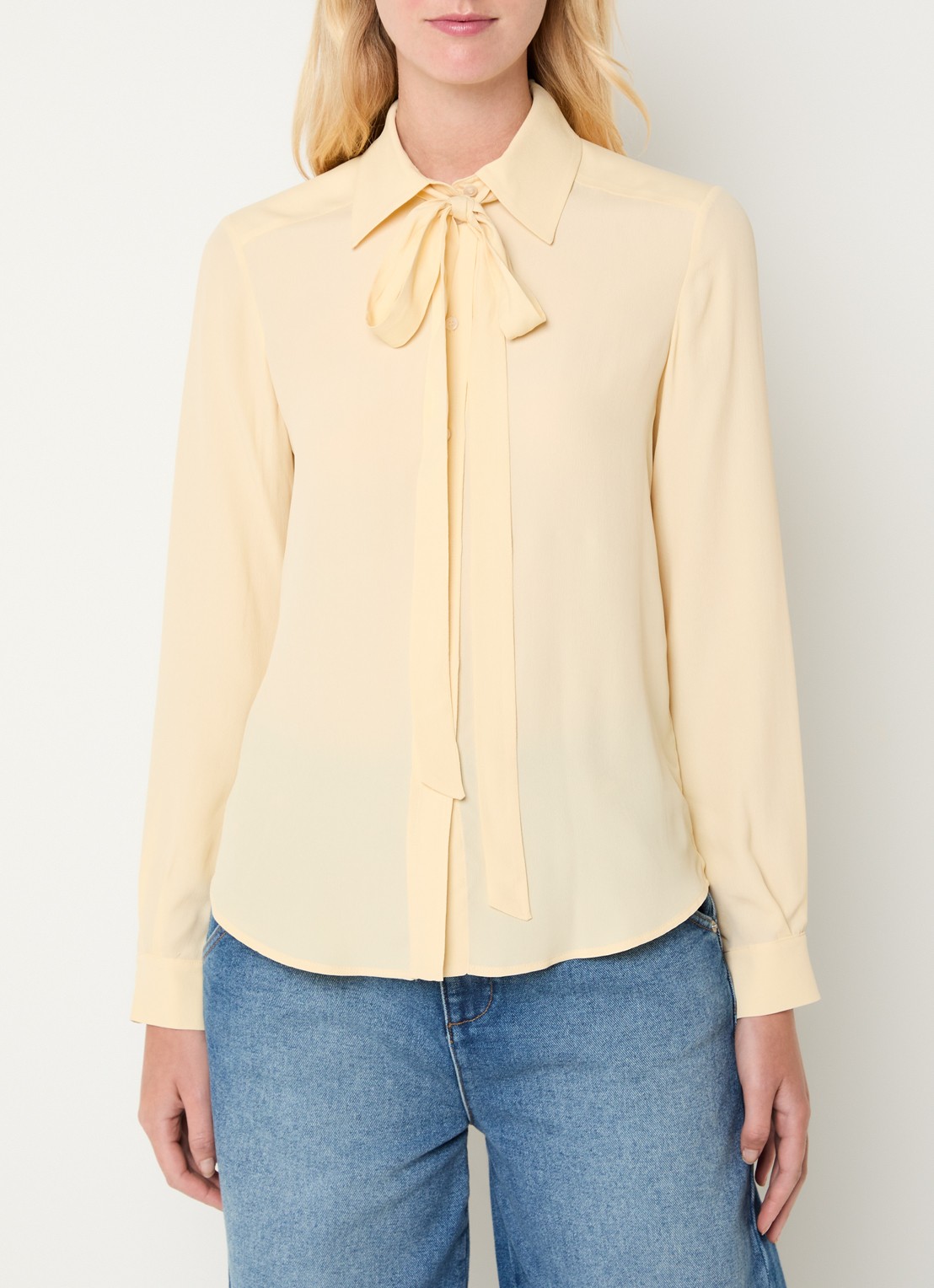 Max & Co Semi-transparante blouse met sjaalkraag - detail lichtgeel