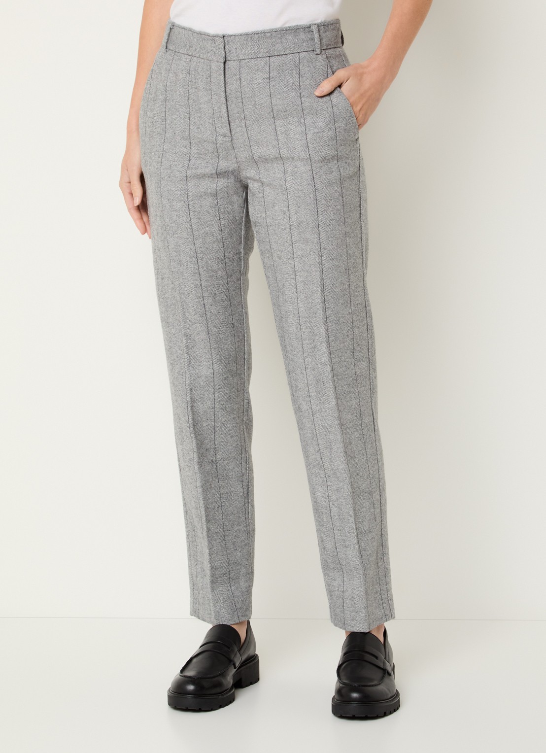 Max & Co Svezia mid waist slim fit pantalon in wolblend met visgraatdessin - detail 3 grijsmele