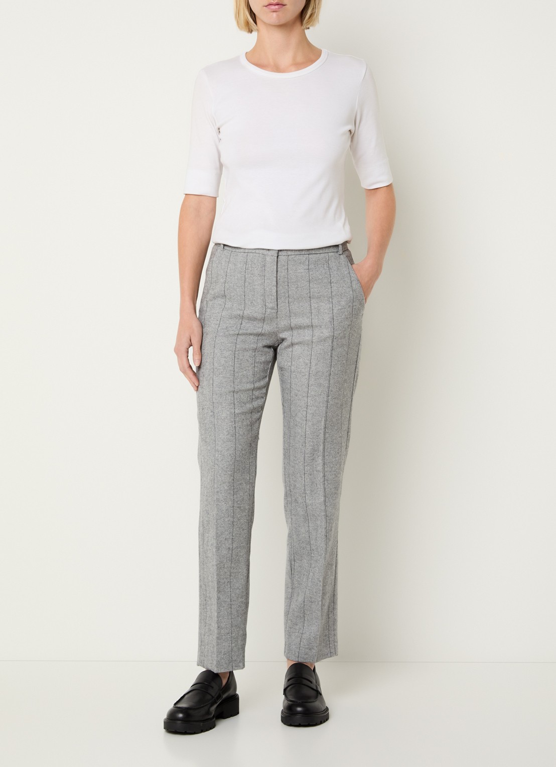 Max & Co Svezia mid waist slim fit pantalon in wolblend met visgraatdessin - voorkant 2 grijsmele
