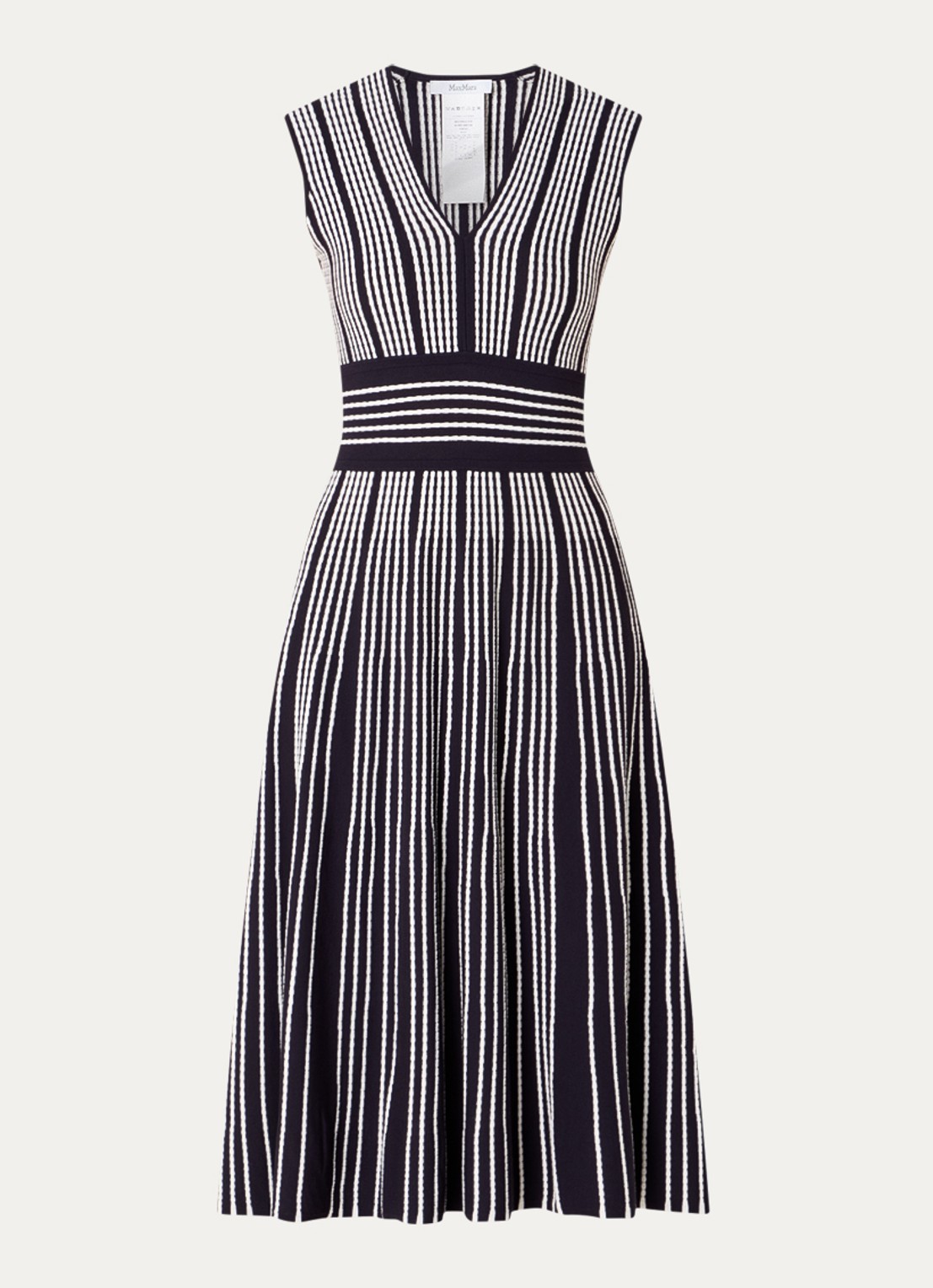 Max Mara Agreste midi jurk met V-hals en streepprint - voorkant donkerblauw