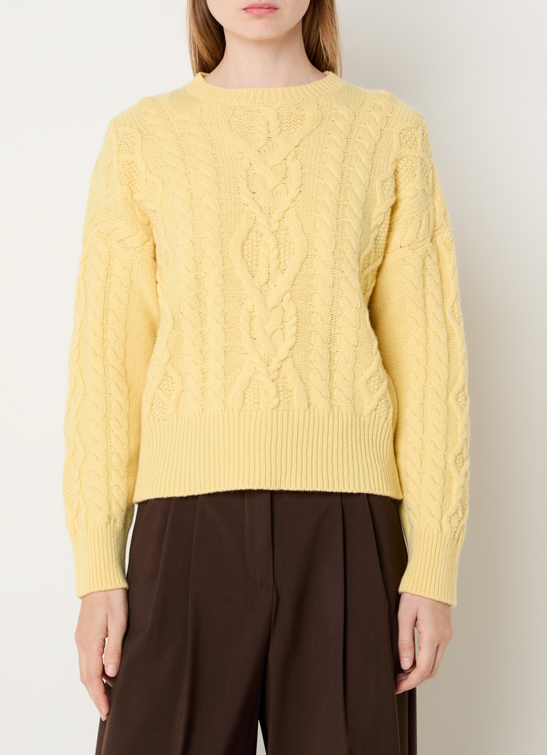 Max Mara Alben kabelgebreide trui van scheerwol - detail geel