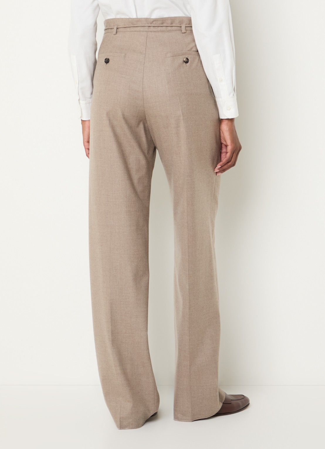Max Mara Alibi high waist straight fit pantalon van kasjmier met strikceintuur - achterkant zand