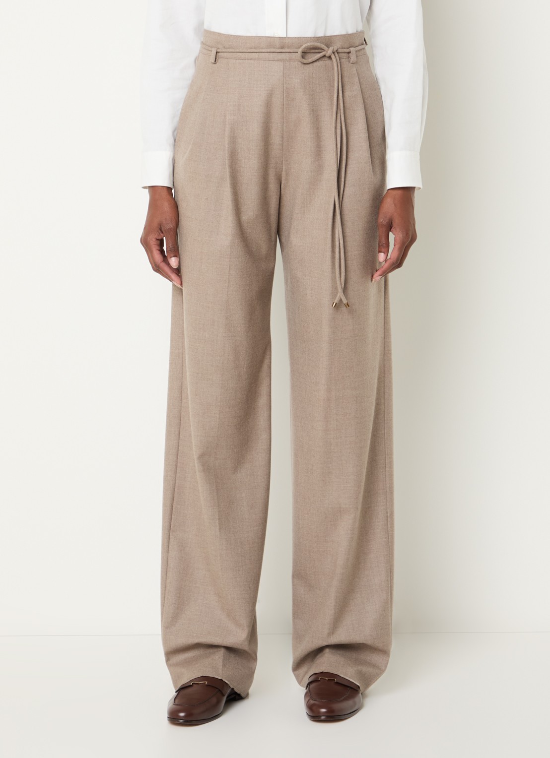 Max Mara Alibi high waist straight fit pantalon van kasjmier met strikceintuur - detail 4 zand