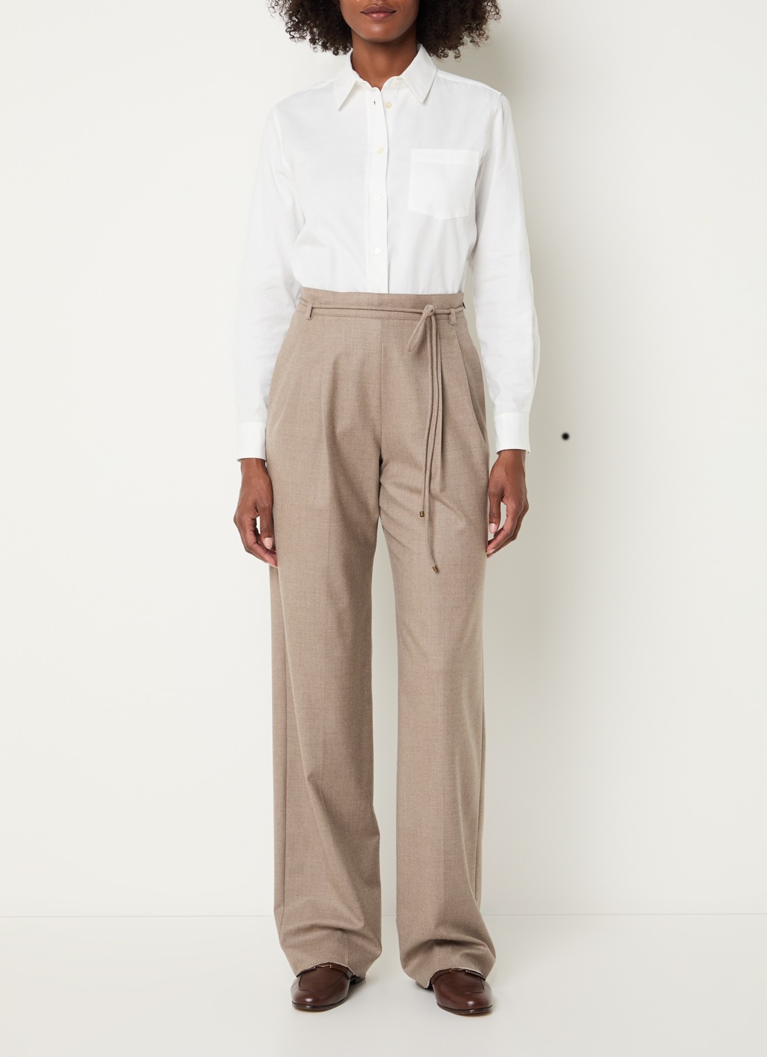 Max Mara Alibi high waist straight fit pantalon van kasjmier met strikceintuur - voorkant 3 zand