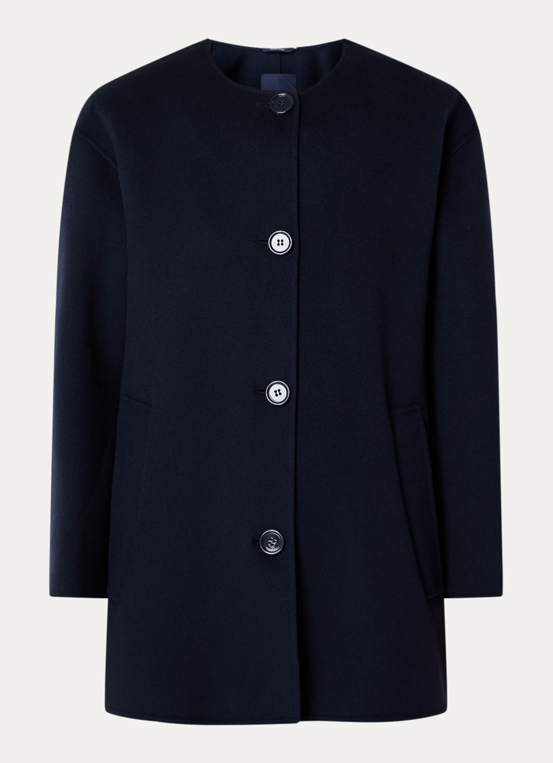 Max Mara Alicia mantel van scheerwol met steekzakken en sjaalkraag - voorkant 2 donkerblauw