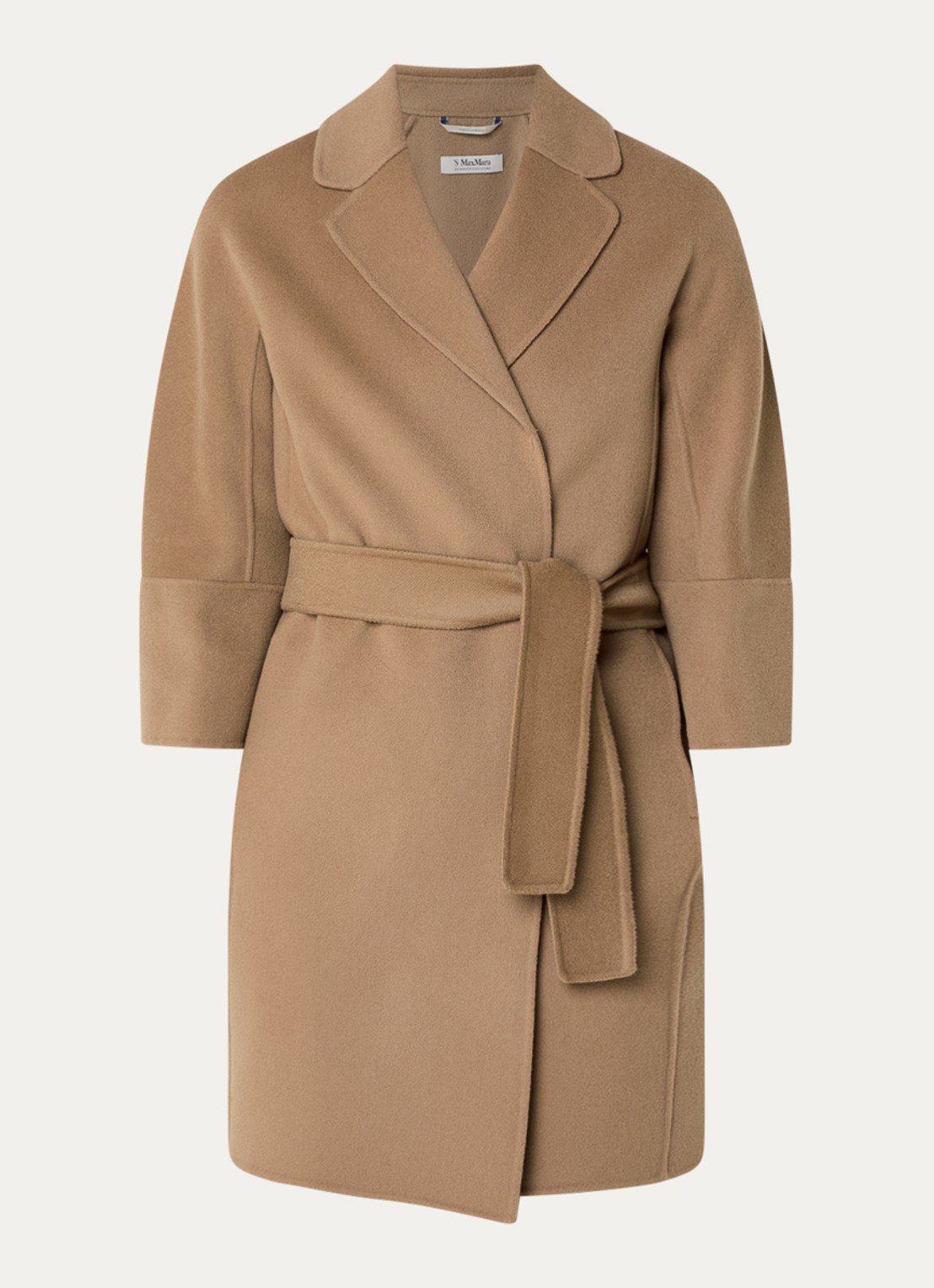 Max Mara Arona mantel van scheerwol met steekzakken en strikceintuur - voorkant 2 camel
