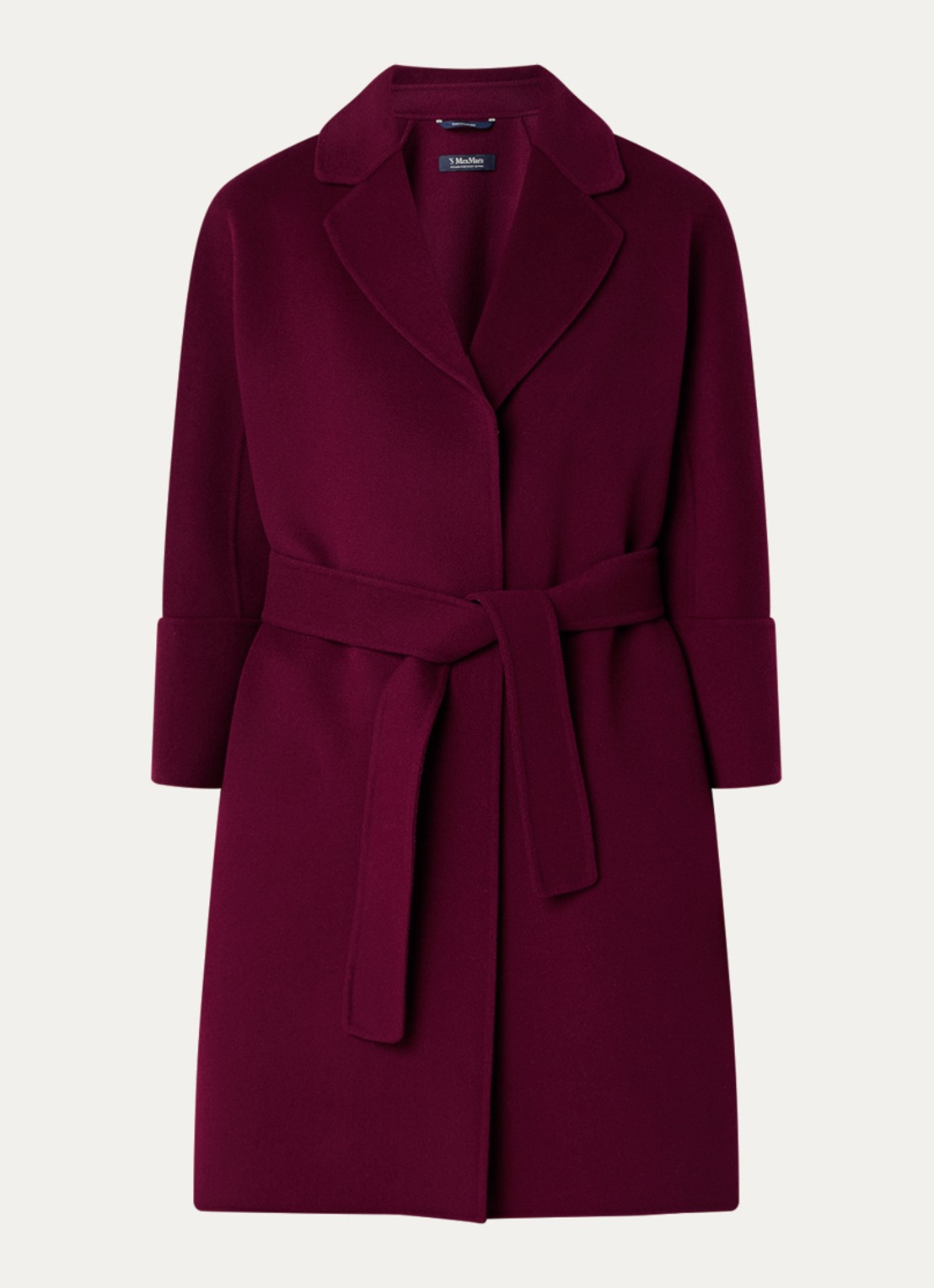 Max Mara Arona mantel van scheerwol met steekzakken en strikceintuur - voorkant 2 bordeauxrood