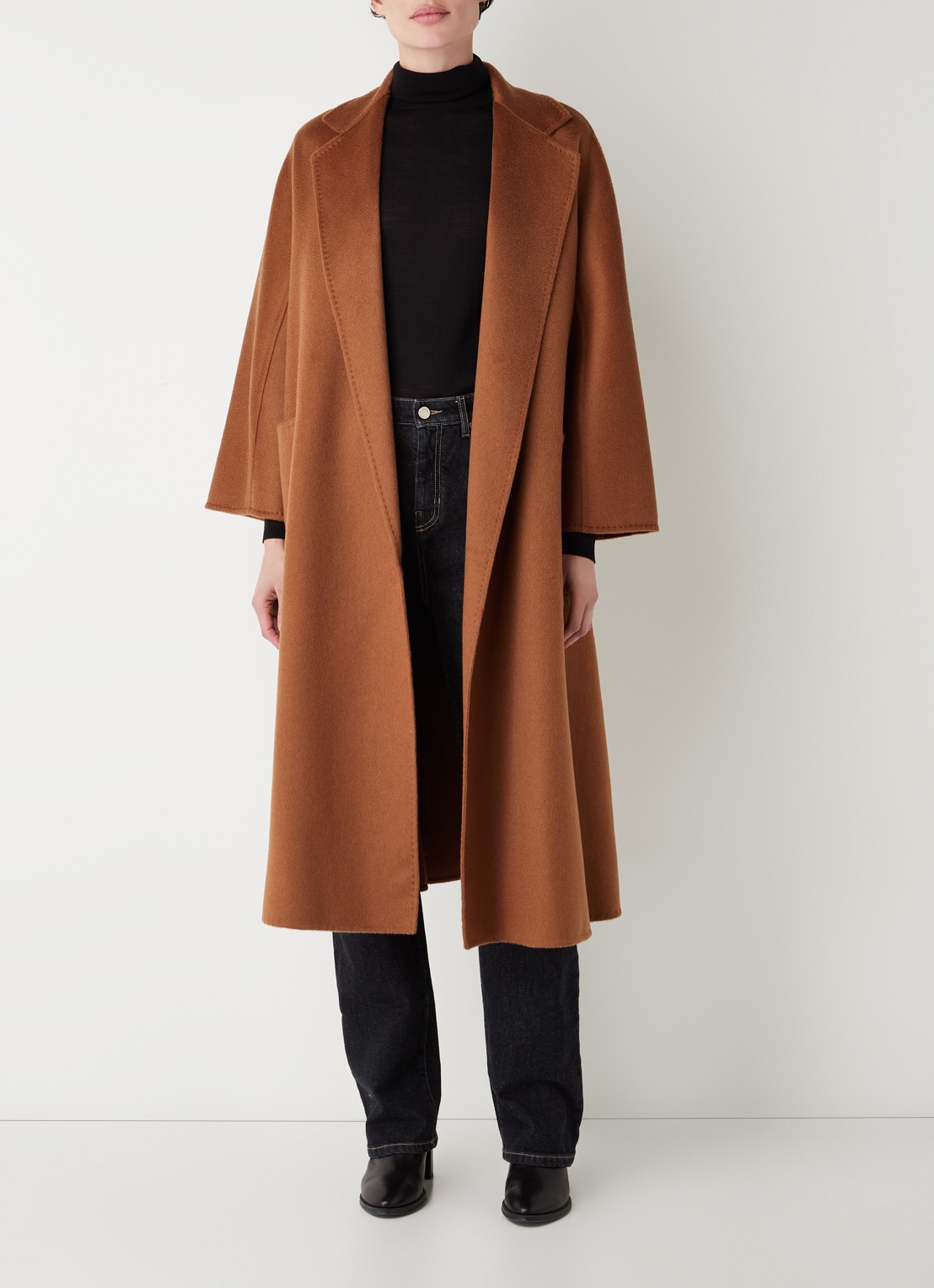 Max Mara Arona mantel van scheerwol met strikceintuur - voorkant 3 bruin