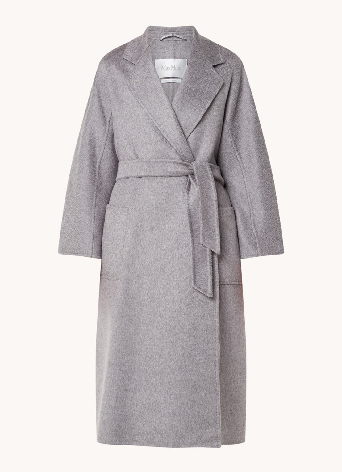 Max Mara Arona mantel van scheerwol met strikceintuur - voorkant 3 lichtgrijs