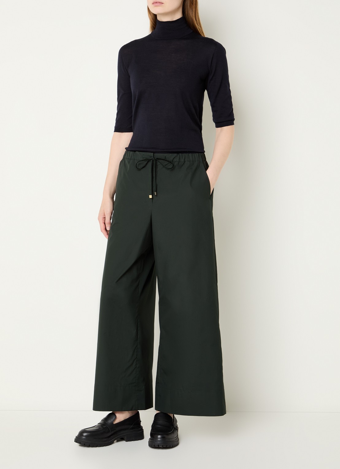 Max Mara Aureo high waist wide fit broek met strikceintuur - voorkant 3 donkergroen