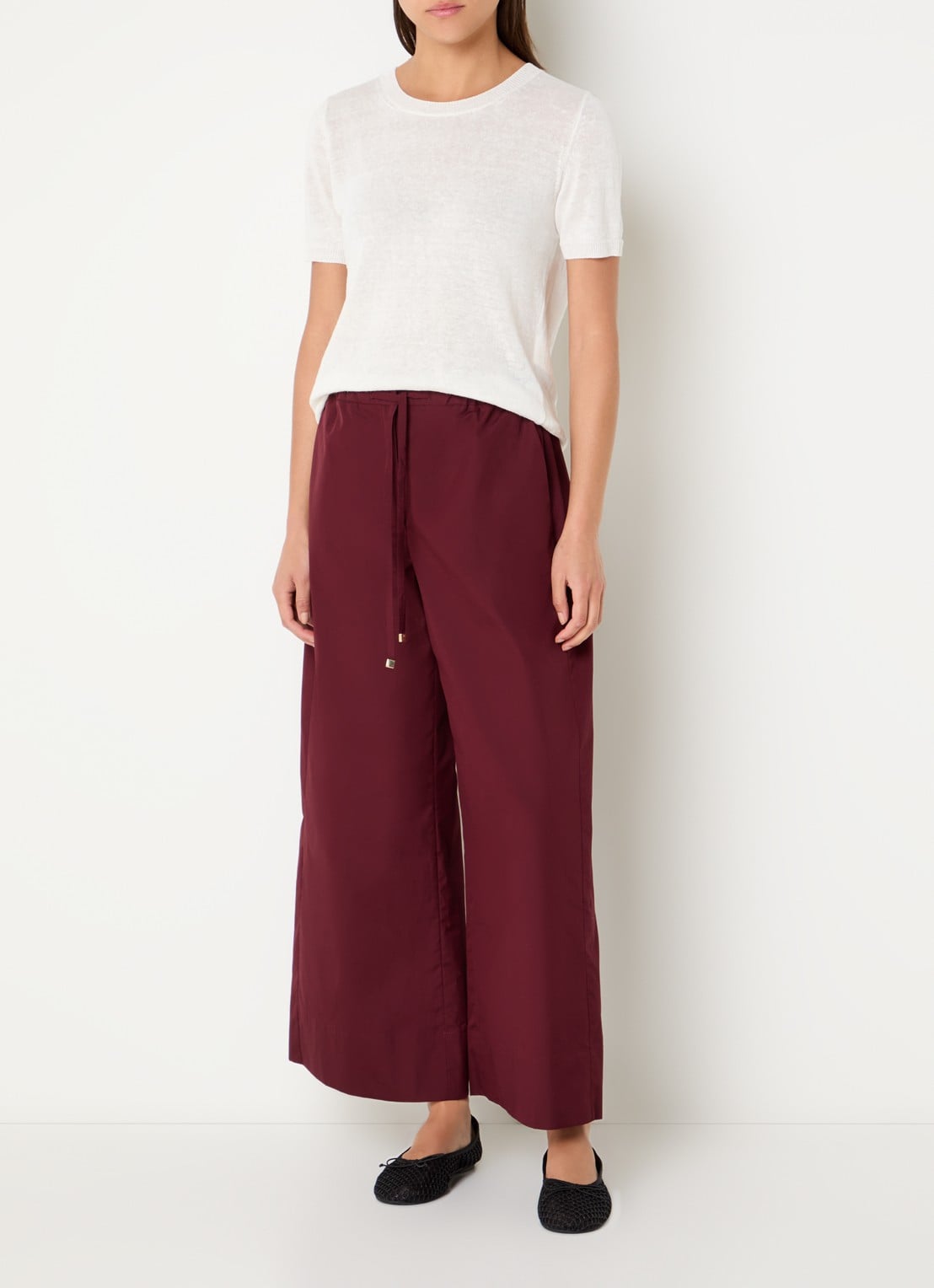 Max Mara Aureo high waist wide fit broek met strikceintuur - voorkant 3 bordeauxrood