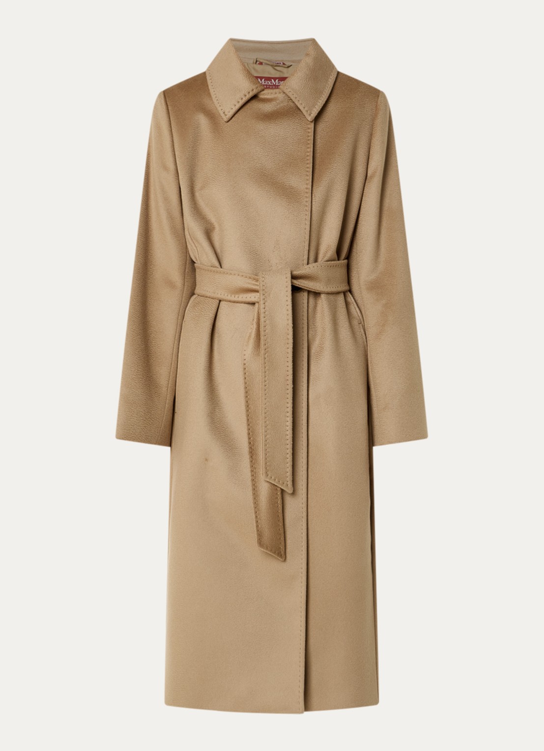 Max Mara Bcollag mantel van scheerwol met strikceintuur - voorkant beige
