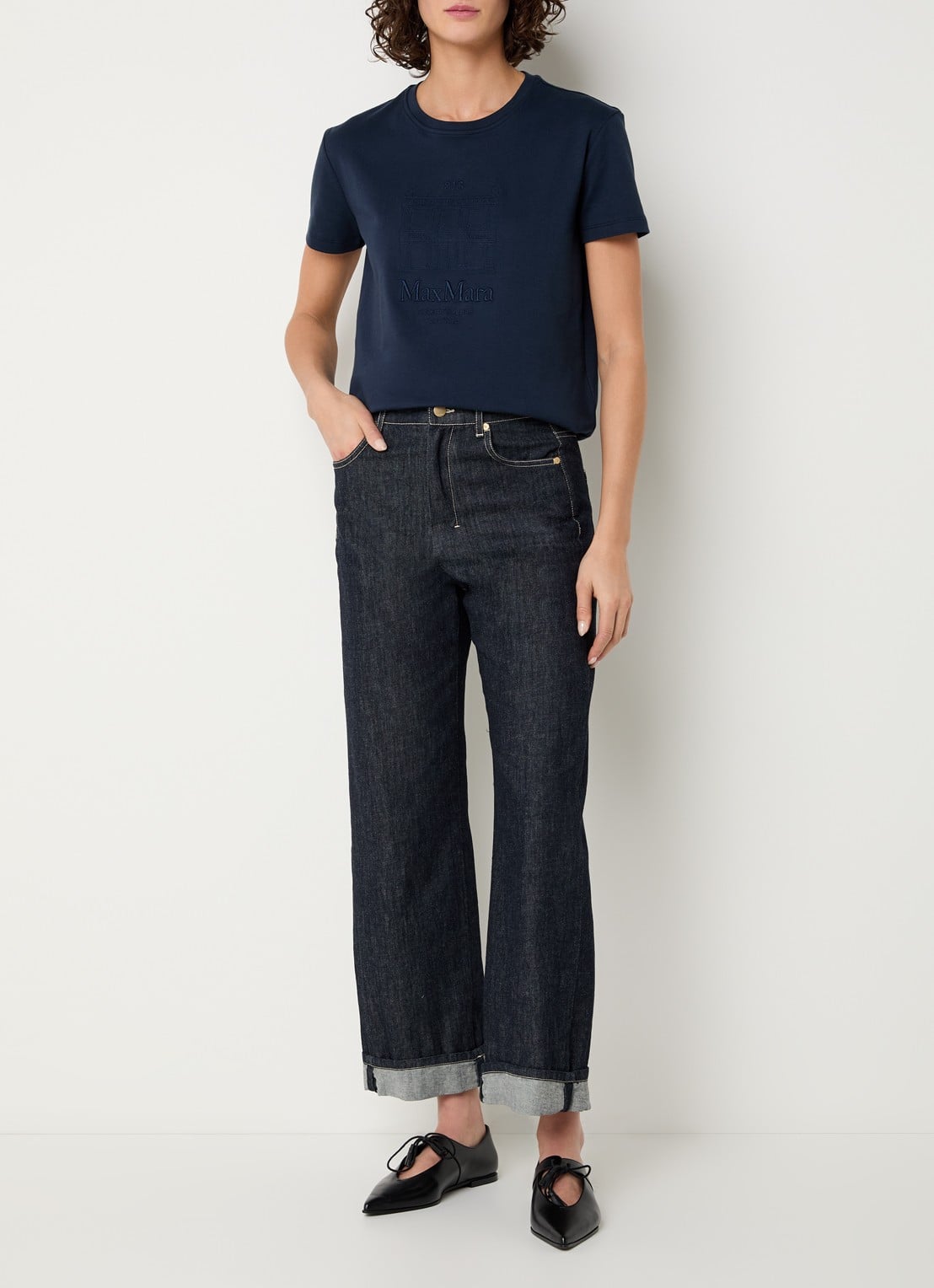 Max Mara Bella T-shirt met logoprint - voorkant 2 donkerblauw