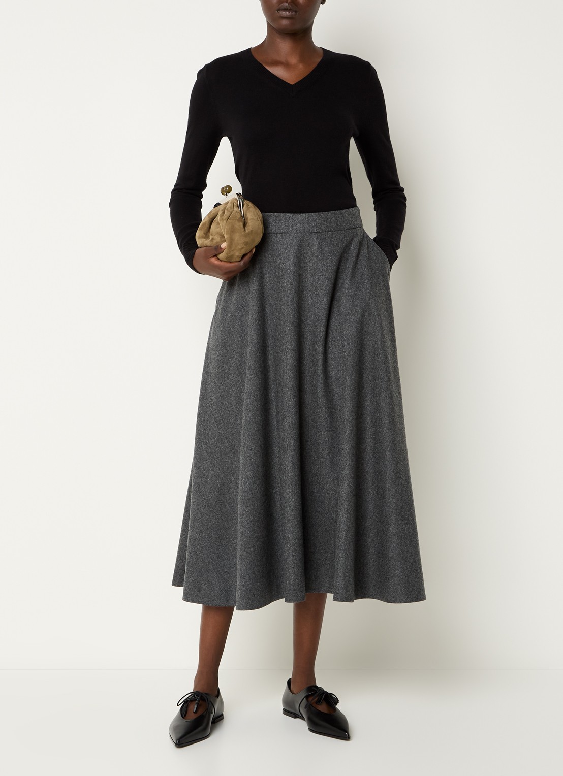 Max Mara Betulla midi rok van scheerwol met steekzakken - voorkant 4 grijs
