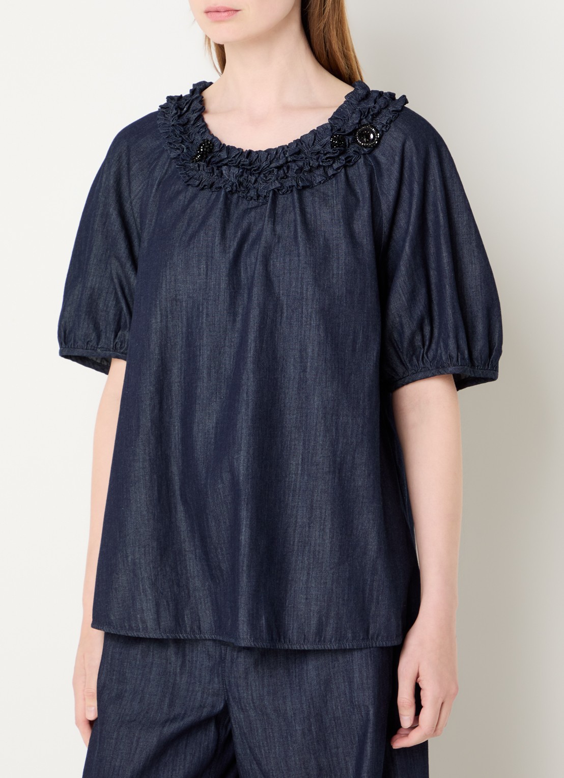 Max Mara Catia tuniek van denim met ballonmouw en strass - detail 4 indigo