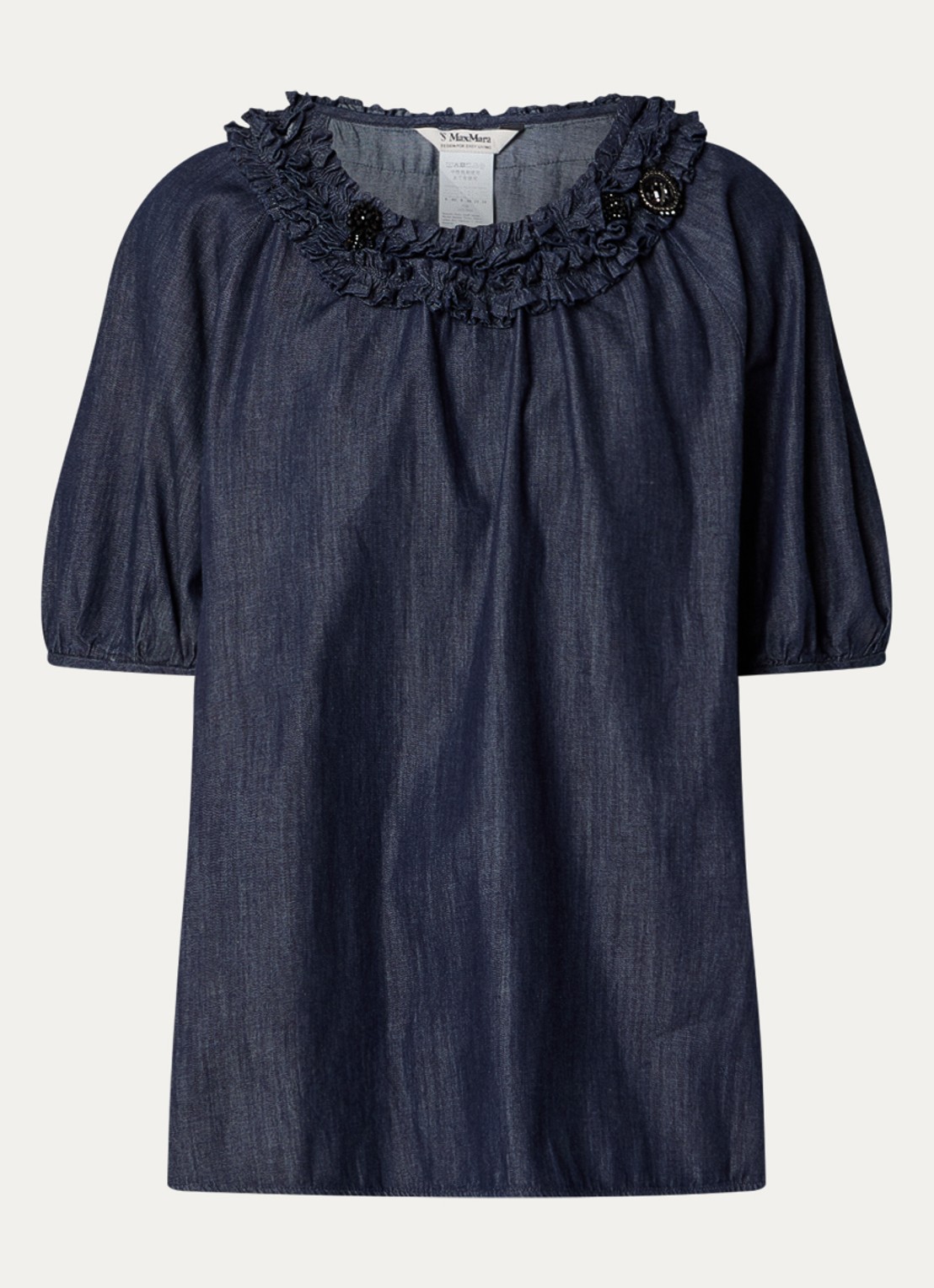 Max Mara Catia tuniek van denim met ballonmouw en strass - voorkant 2 indigo