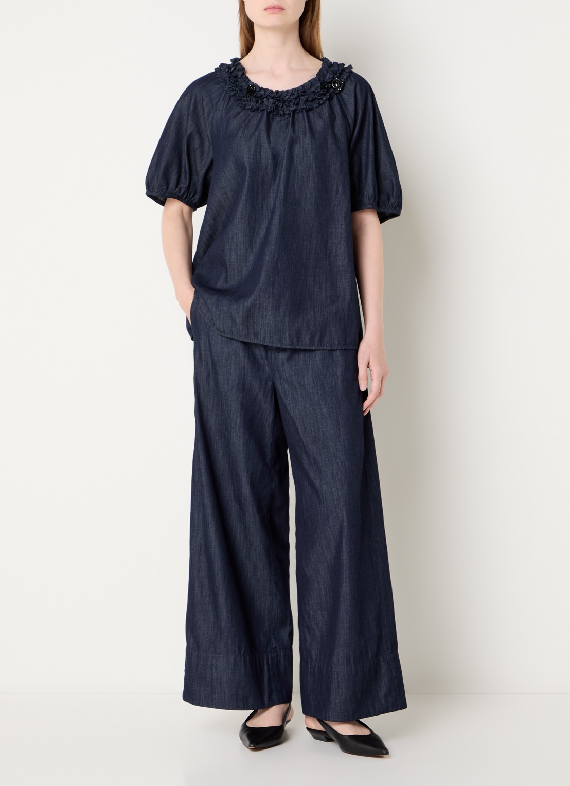 Max Mara Catia tuniek van denim met ballonmouw en strass - voorkant 3 indigo