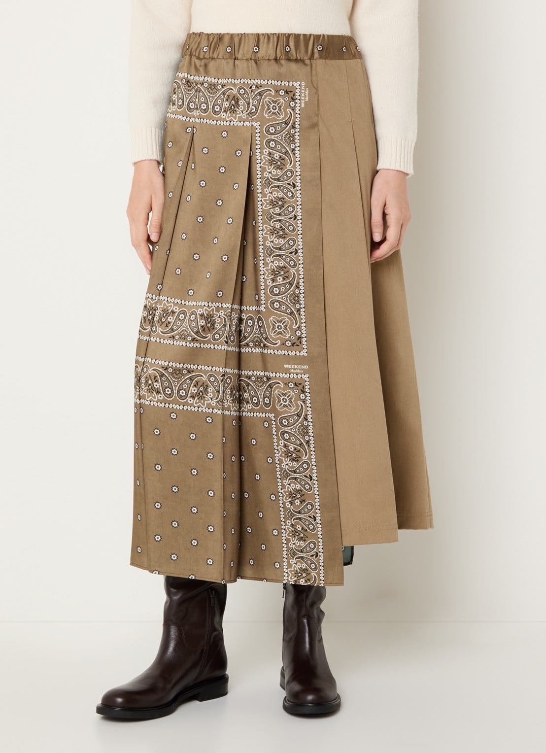 Max Mara Ceci midi plooirok met paisley dessin en asymmetrische zoom - detail lichtbruin