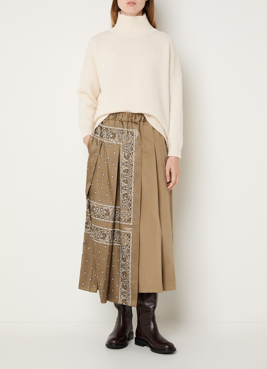 Max Mara Ceci midi plooirok met paisley dessin en asymmetrische zoom - voorkant 3 lichtbruin