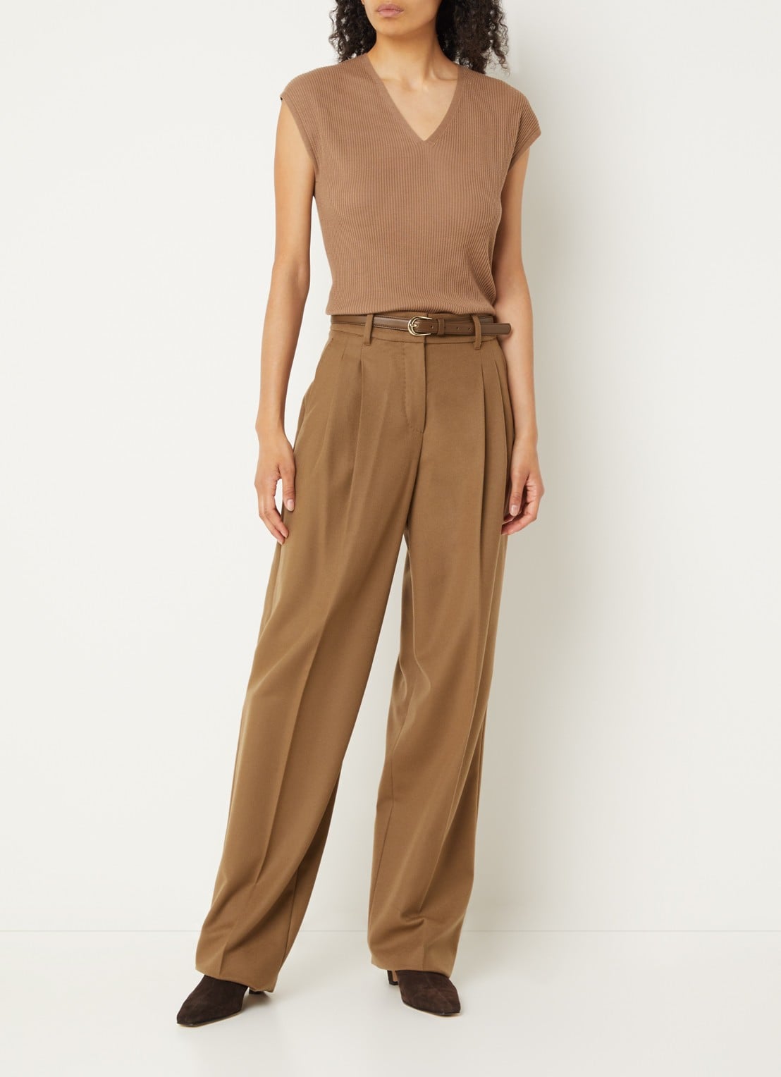 Max Mara Cocco high waist wide fit pantalon van wol - voorkant 3 lichtbruin