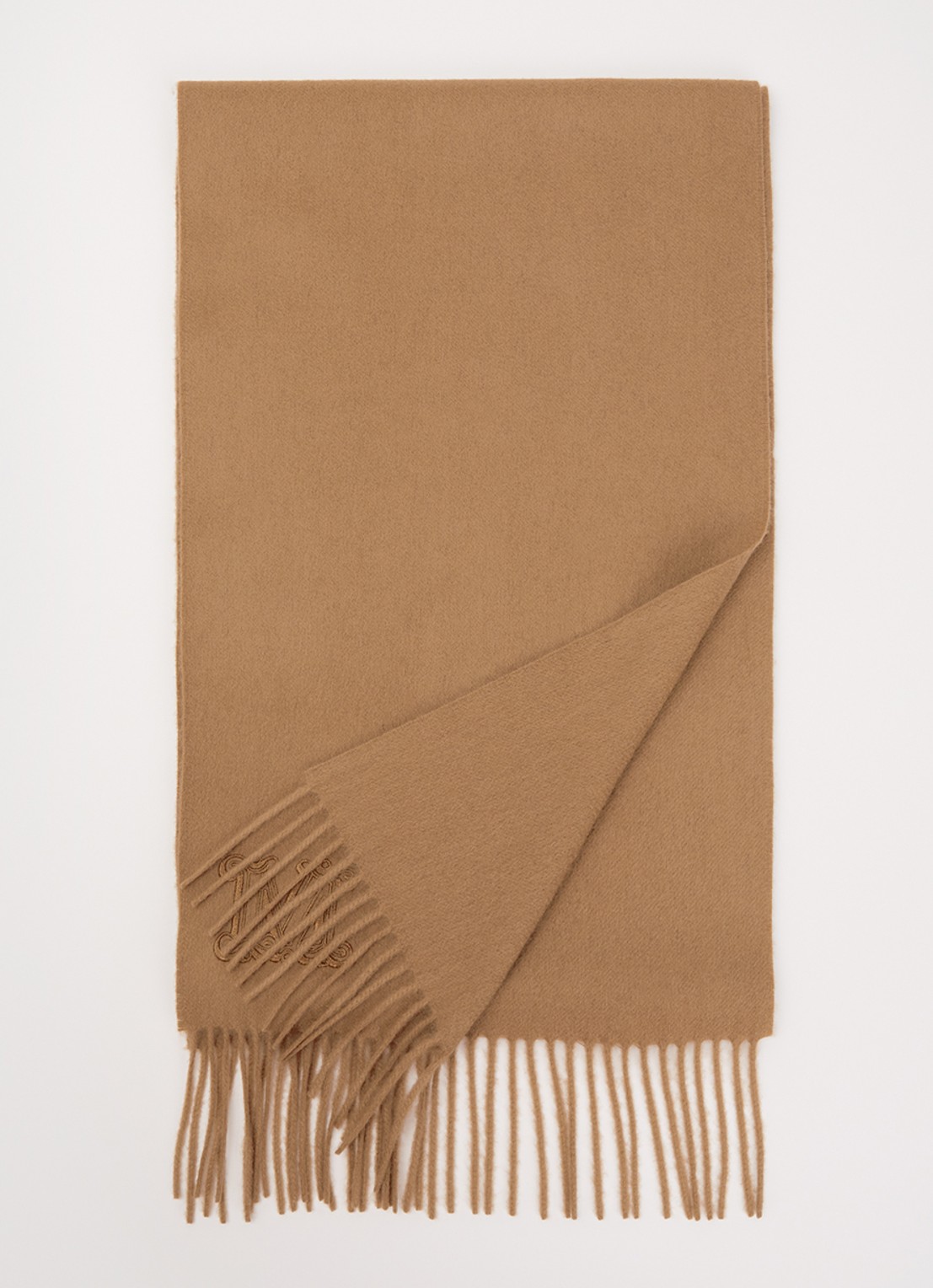 Max Mara Dalia sjaal van kasjmier met franjes 190 x 30 cm  - voorkant 3 camel