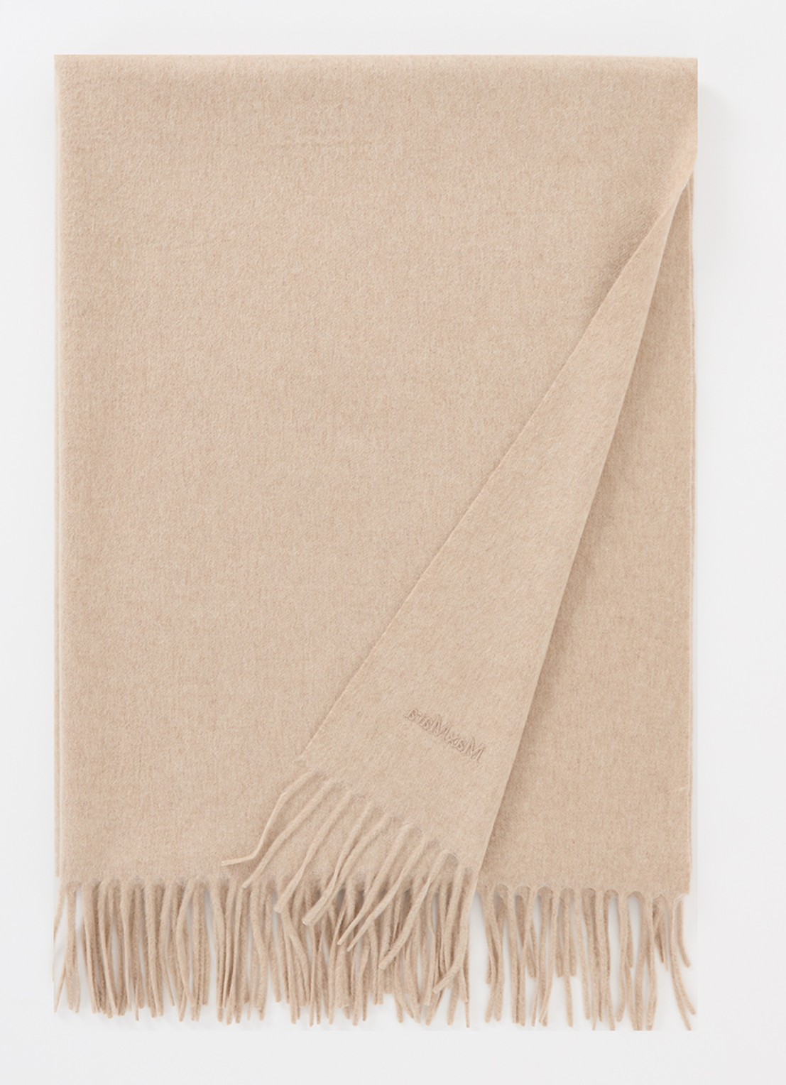 Max Mara Dalia sjaal van kasjmier met franjes 190 x 30 cm  - voorkant zand