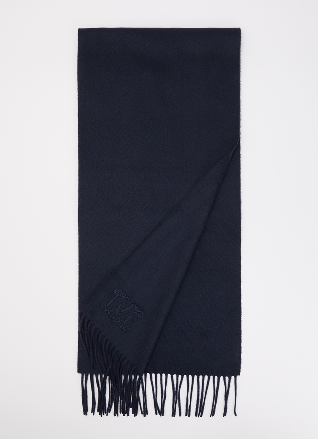 Max Mara Dalia sjaal van kasjmier met franjes 190 x 30 cm - voorkant donkerblauw