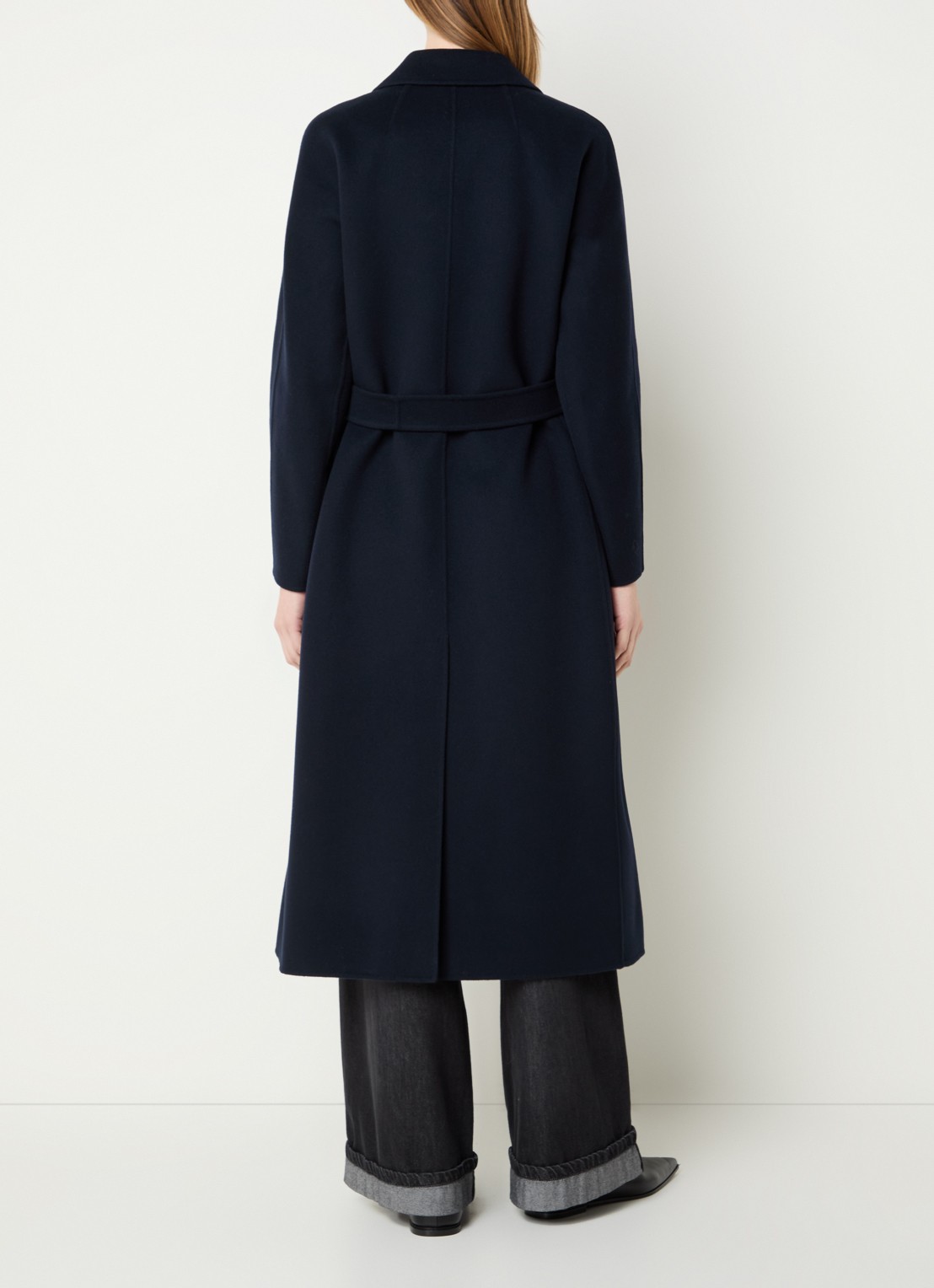 Max Mara Dama mantel van scheerwol met steekzakken en strikceintuur - achterkant 4 donkerblauw