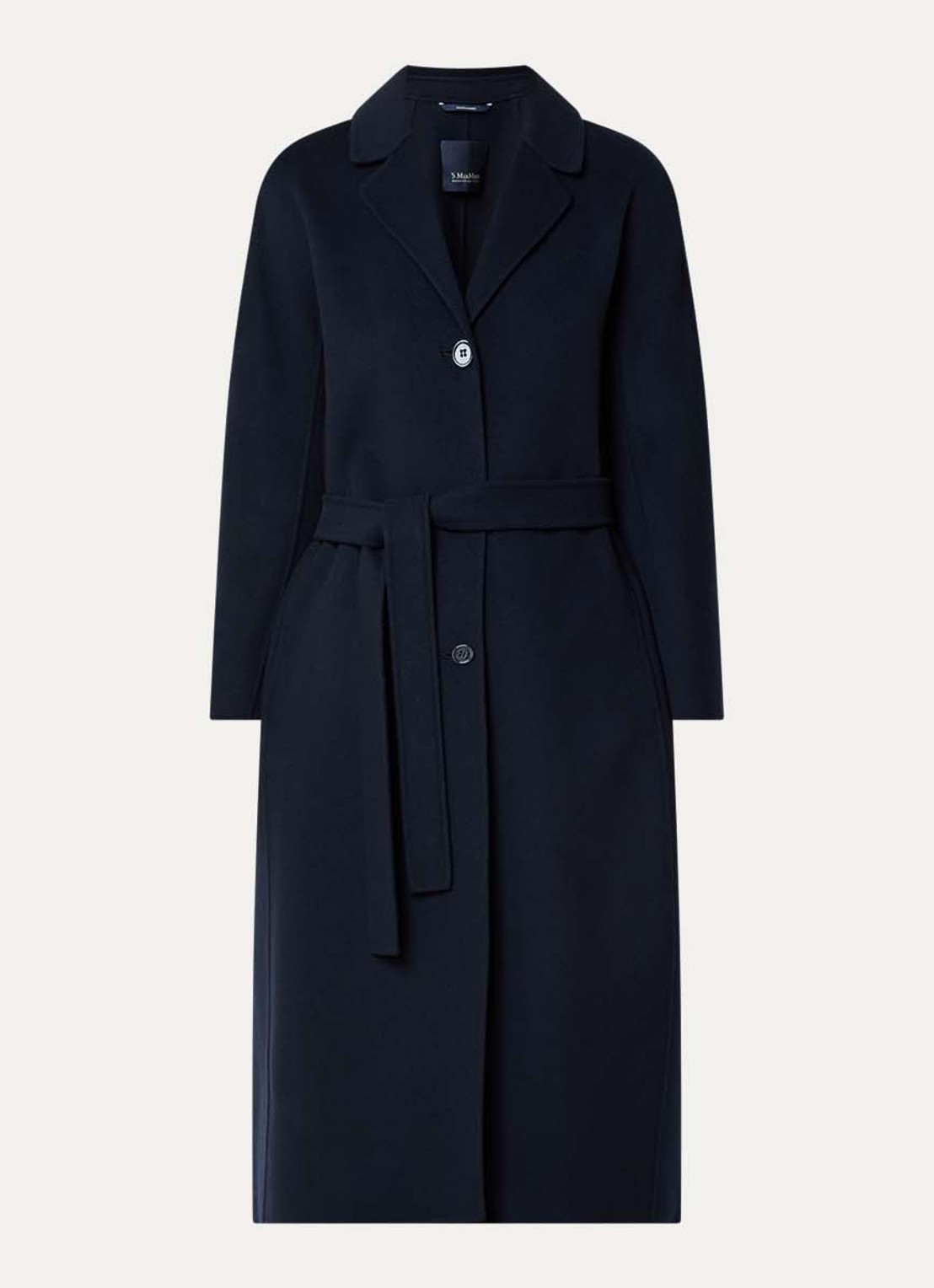 Max Mara Dama mantel van scheerwol met steekzakken en strikceintuur - voorkant 2 donkerblauw