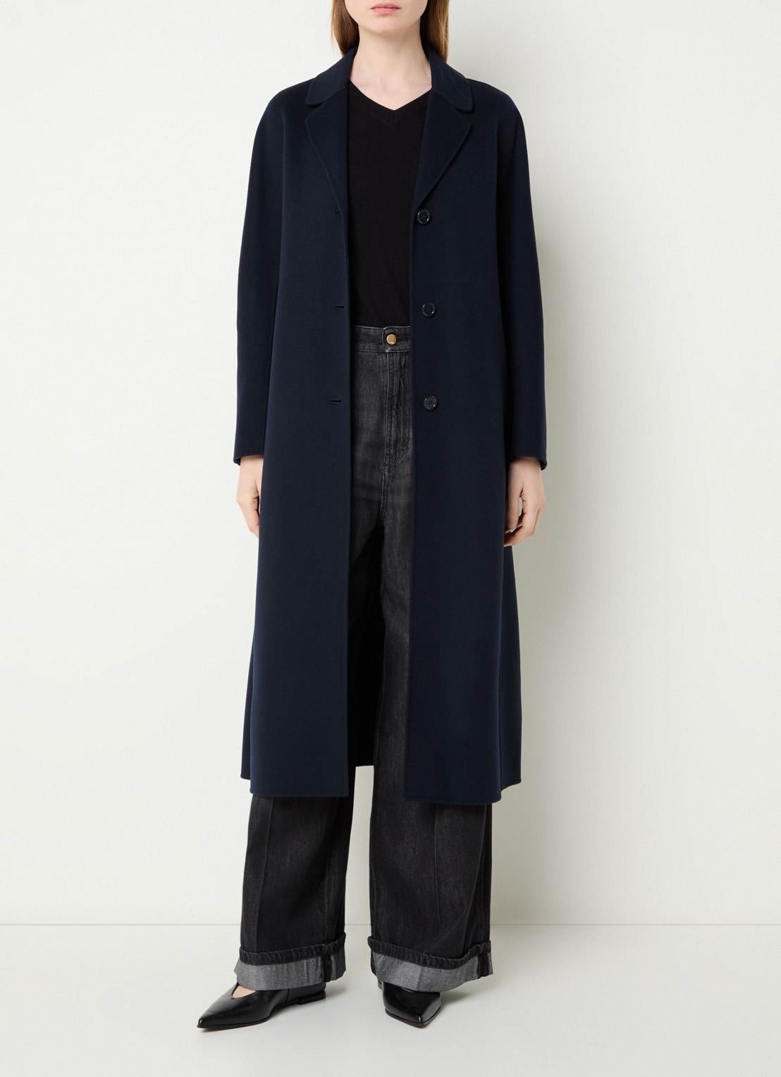 Max Mara Dama mantel van scheerwol met steekzakken en strikceintuur - voorkant 3 donkerblauw