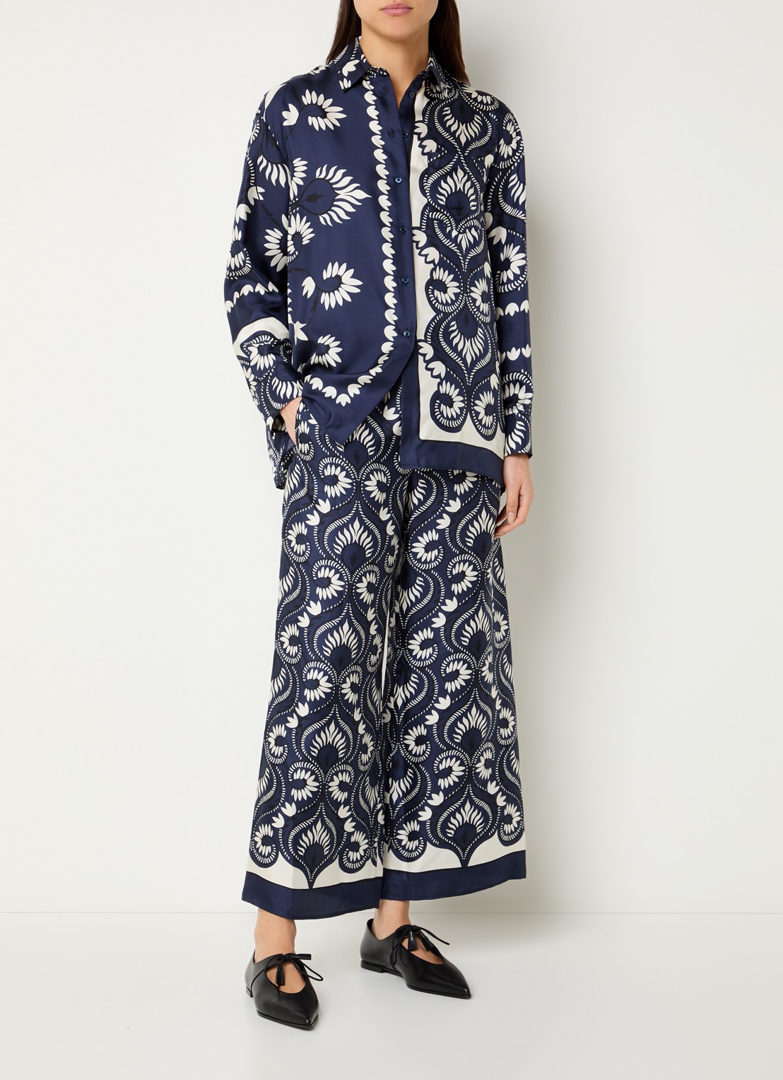 Max Mara Dottica high waist straight fit pantalon van zijde met print - voorkant 3 donkerblauw