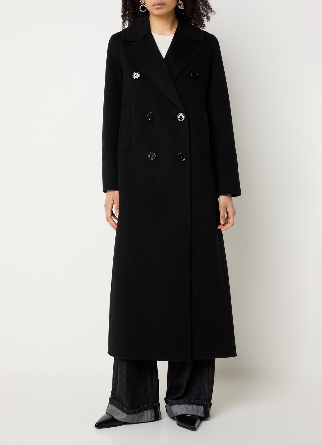 Max Mara Double-breasted mantel van wol met steekzakken - detail zwart
