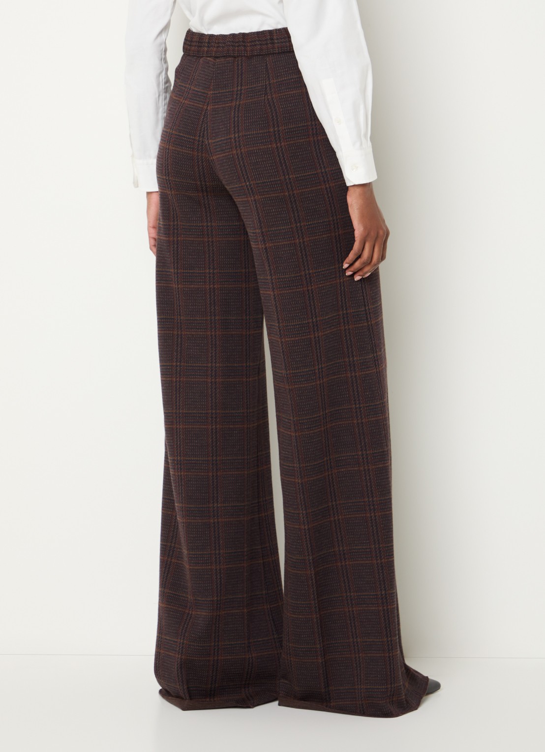 Max Mara Emiro high waist wide fit pantalon in scheerwolblend met ruitdessin - achterkant roodbruin