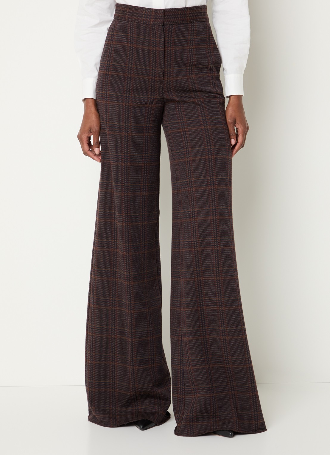 Max Mara Emiro high waist wide fit pantalon in scheerwolblend met ruitdessin - detail 2 roodbruin
