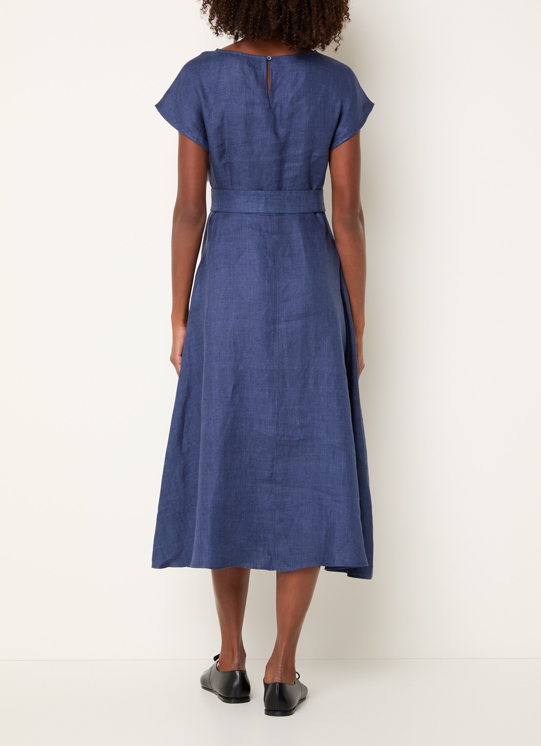 Max Mara Esordio midi jurk van linnen met strikceintuur - achterkant 4 donkerblauw