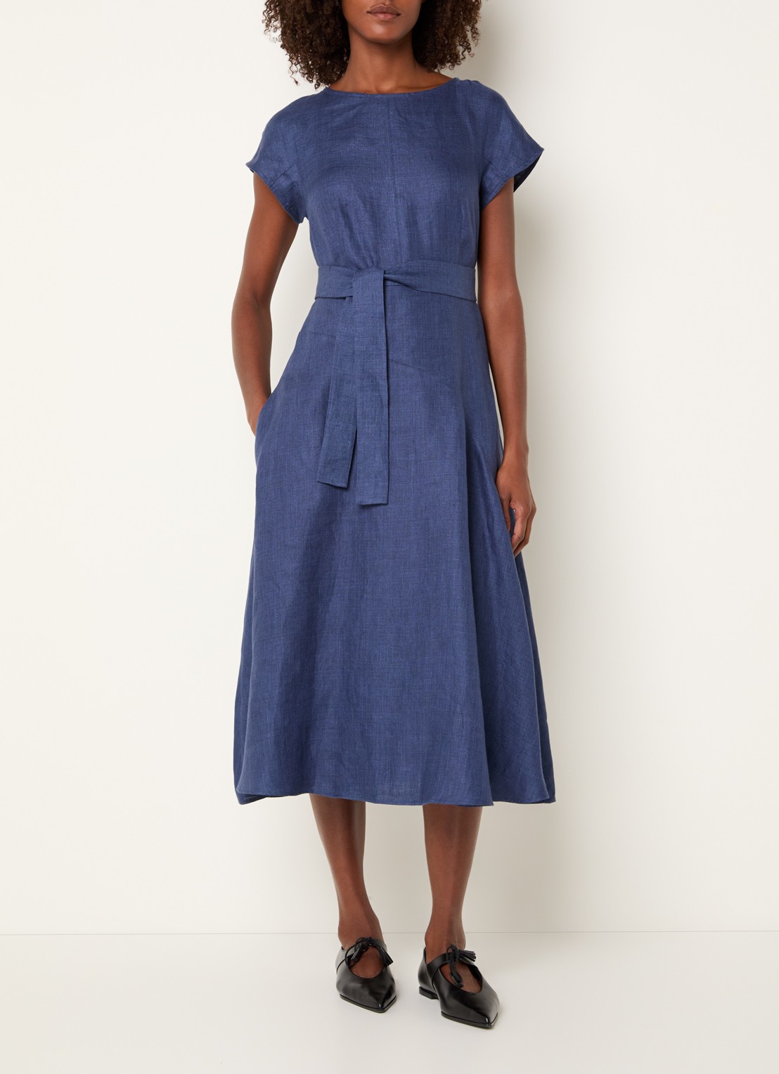 Max Mara Esordio midi jurk van linnen met strikceintuur - detail 3 donkerblauw