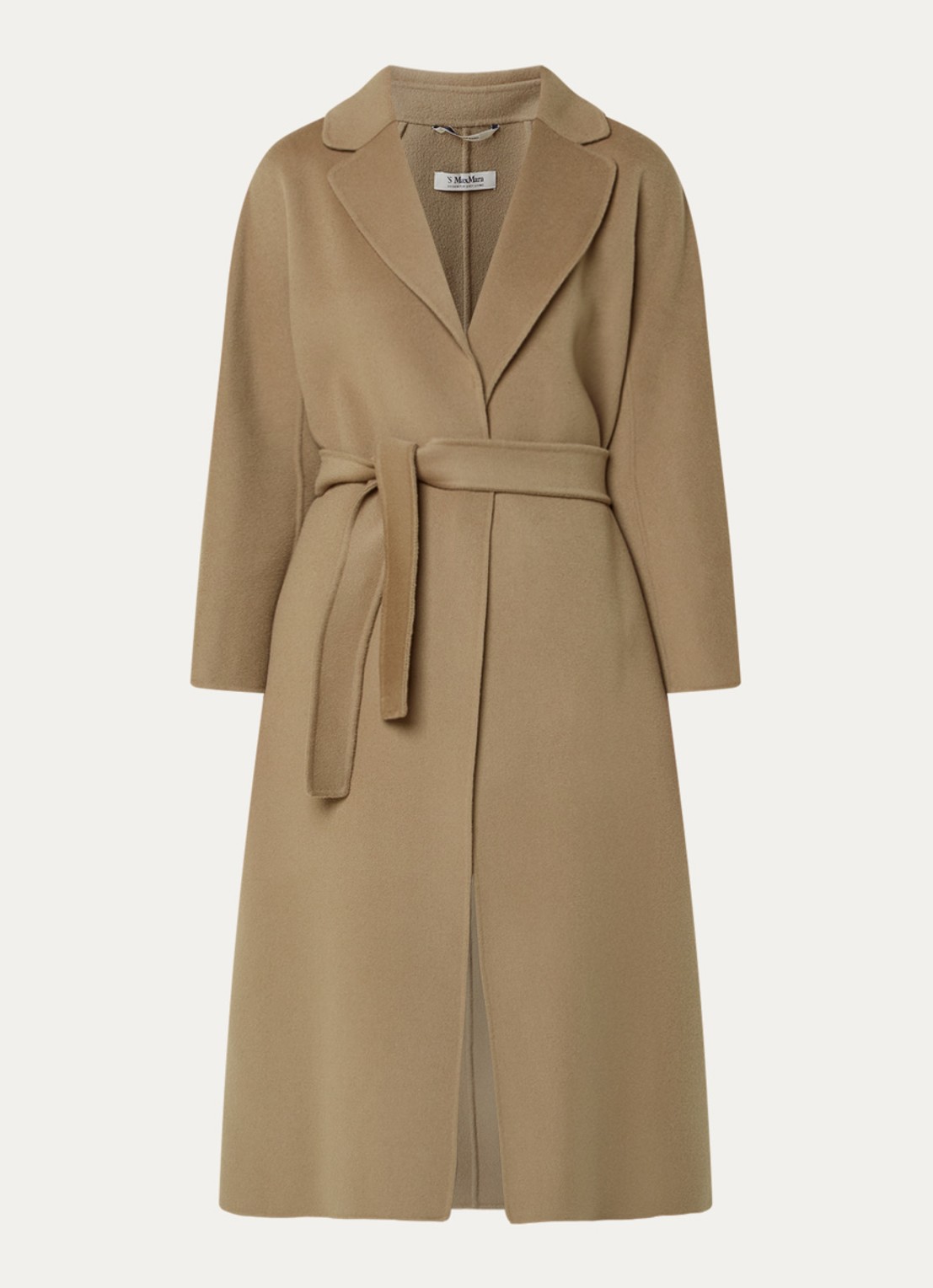 Max Mara Esturia mantel van scheerwol met strikceintuur  - voorkant camel