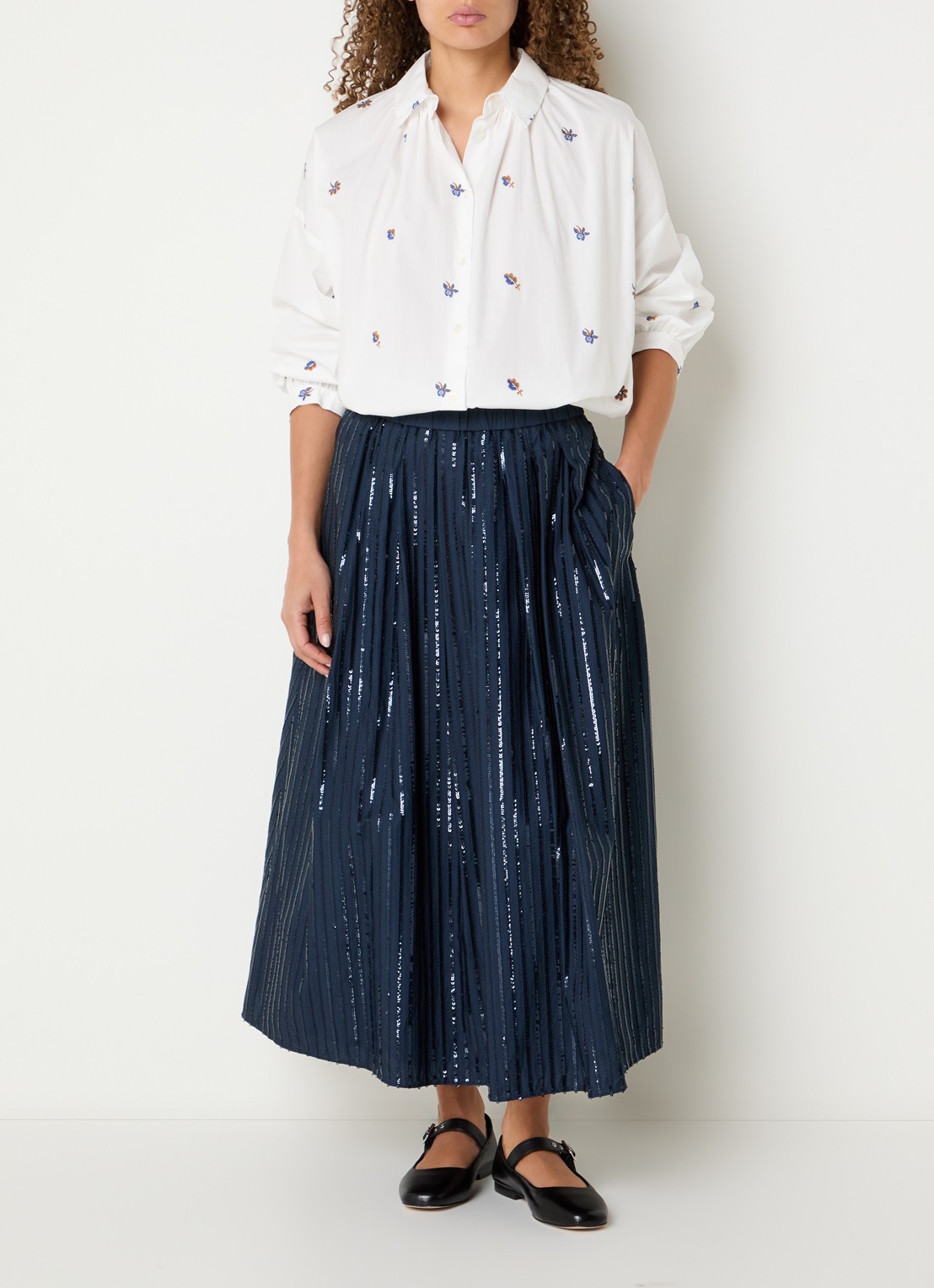 Max Mara Fidori midi rok met pailletten en steekzakken - voorkant 4 donkerblauw