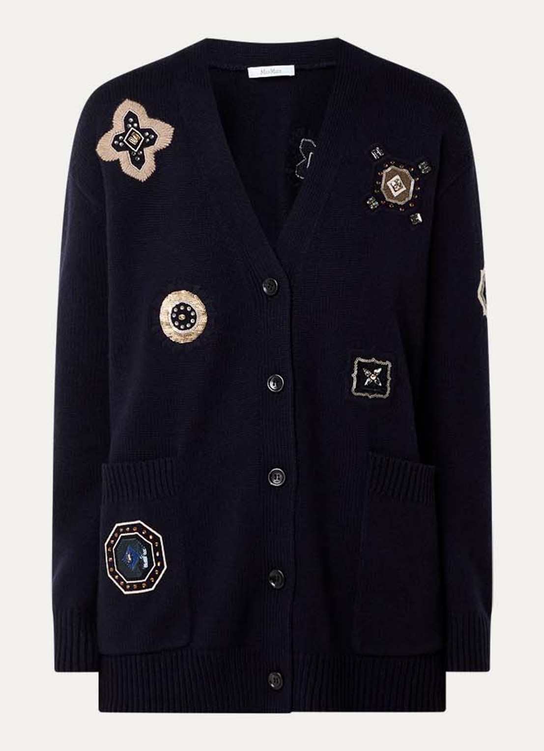 Max Mara Fijngebreid vest in kasjmierblend met strass - voorkant donkerblauw
