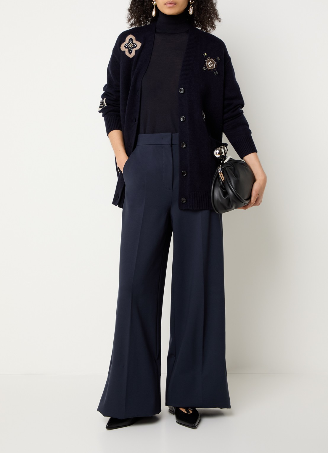 Max Mara Fijngebreid vest in kasjmierblend met strass - voorkant 2 donkerblauw
