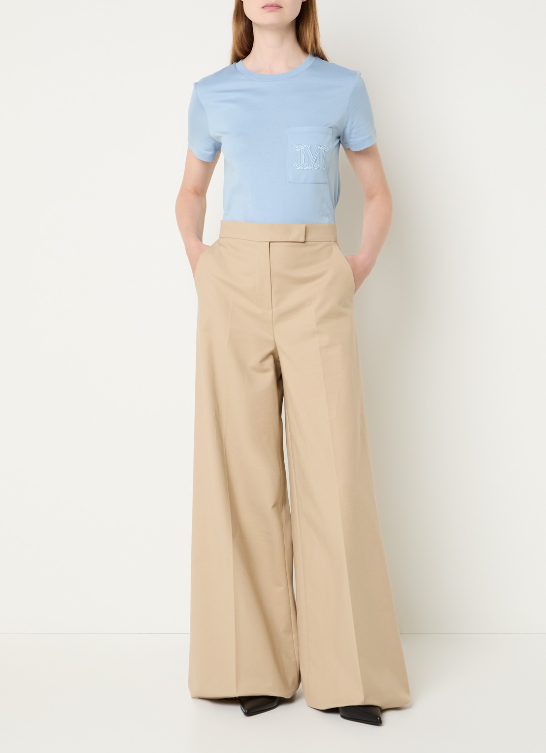 Max Mara Finish high waist wide fit pantalon met steekzakken - voorkant 2 zand