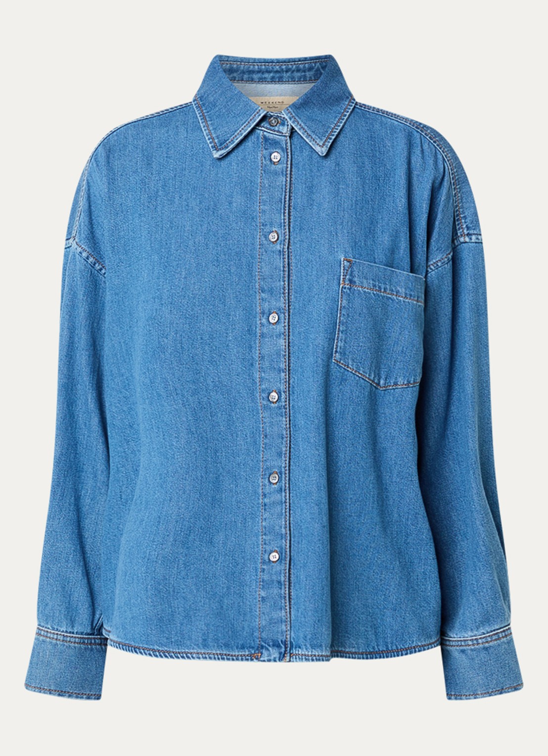 Max Mara Foggia blouse van denim met borstzak - voorkant 3 lichtblauw