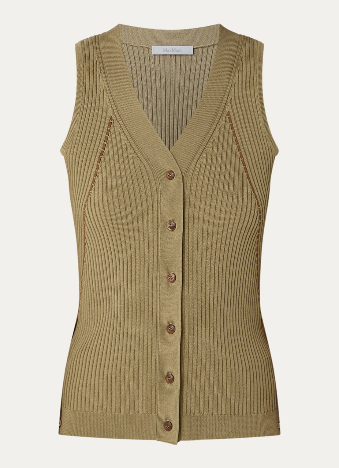 Max Mara Gebreid vest met ribstructuur - voorkant khaki